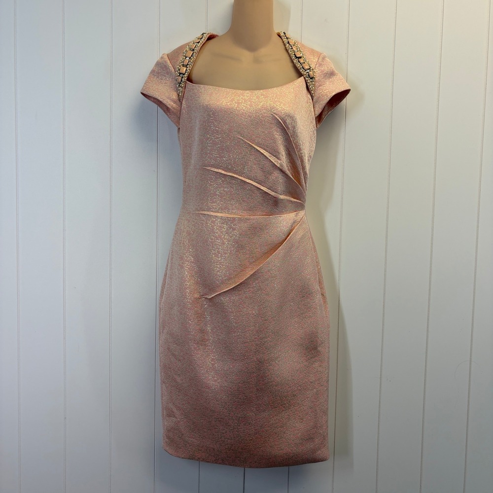 Pamella Roland Quiet Luxury Beaded Metallic Sheath Dress Womens Size 4 Cocktail